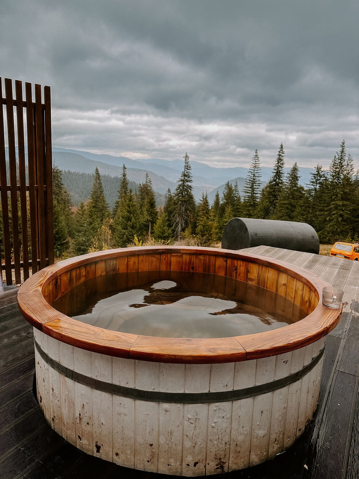 Morning — wooden plunge tub on a deck