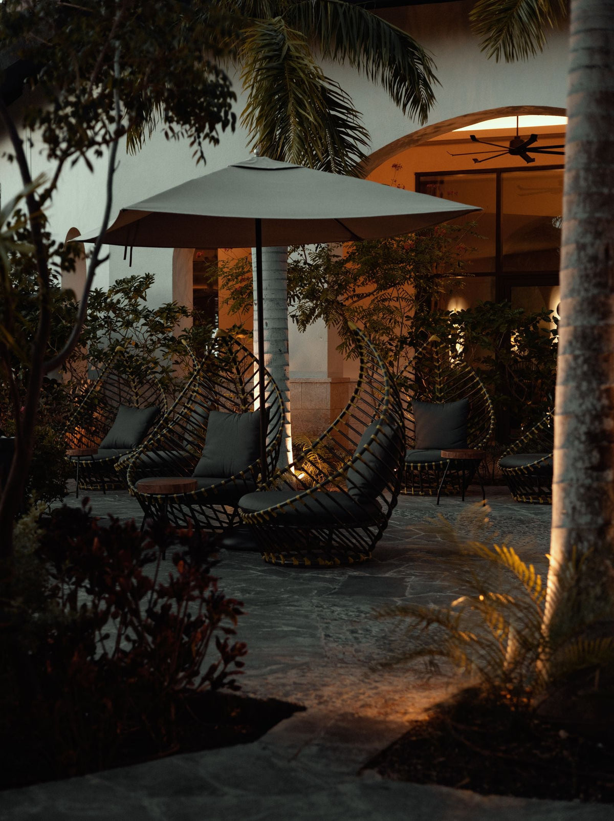 Evening — outdoor lounge at dusk